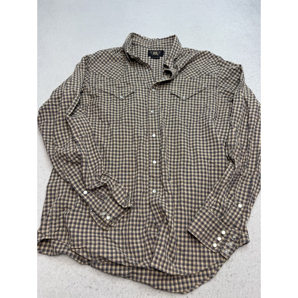 RRL Ralph Lauren Shirt Mens XL Brown Blue Check Long Sleeve Pearl Snap Western